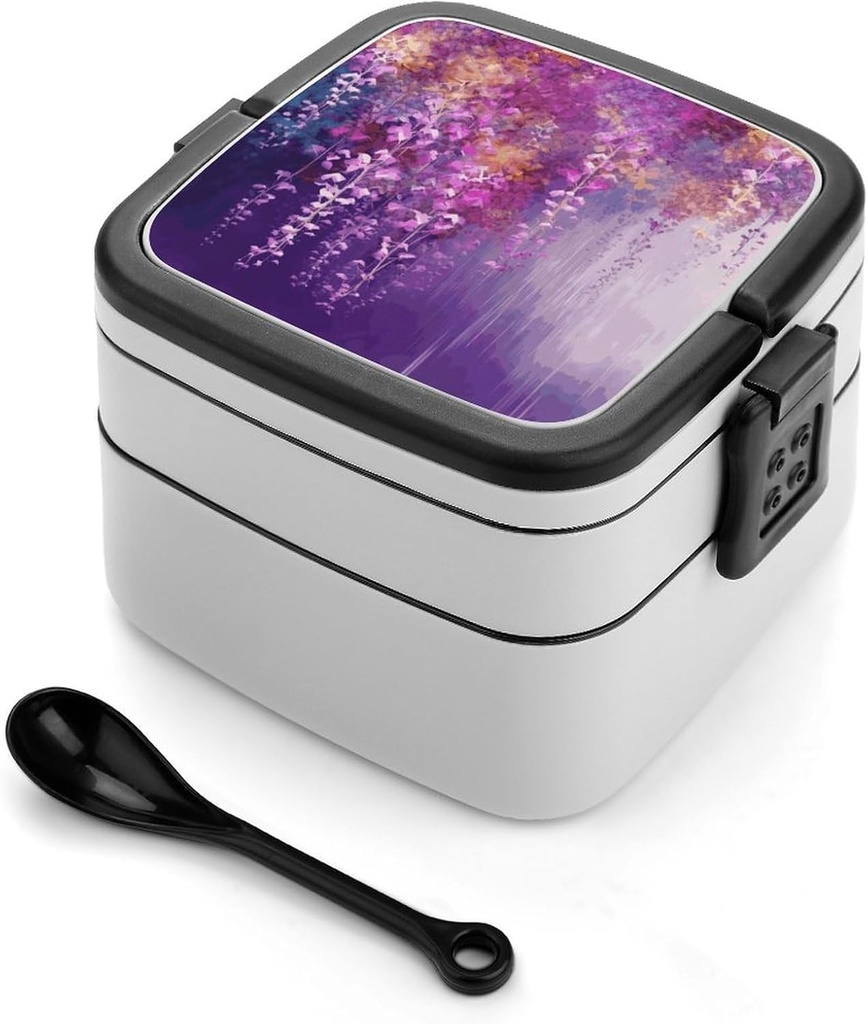 Abstract Purple Weeping Flower Bento Box Adult Lunch Box All-in-One Lunch Containers with Removable Compartments Double Layer Bento Lunch Box with Spoon And Handle Stackable Lunchbox
