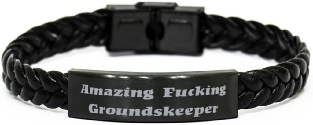 Gag Groundskeeper Braided Leather Bracelet, Amazing Fucking Groundskeeper, Fancy Engraved Bracelet For Coworkers From Colleagues, Gardening tools, Garden gloves, Watering can, Garden hose, Sprinkler,