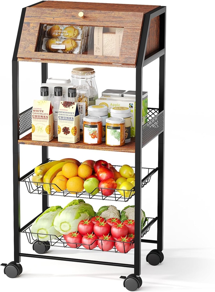 Rolling Kitchen Cart with Bread Box and 2 Pull-Out Wire Baskets - 4-Tier Storage Cart on Wheels with Lockable Casters, Wood Top and Metal Frame for Kitchen, Bathroom, and Pantry (Brown)