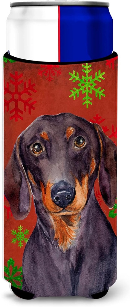 Dachshund Red and Green Snowflakes Holiday Christmas Ultra Beverage Insulators for slim cans