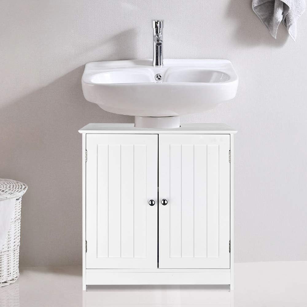 SSLine Under Sink Vanity Cabinet Free Standing Bathroom Sink Cabinet with Pedestal Hole White Bath Storage Cupboard w/Doors & Shelves Space Saver Organizer