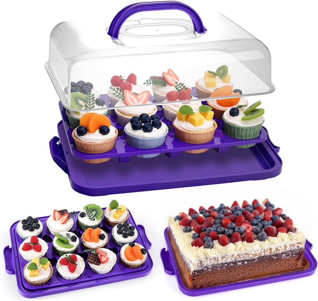 VGOODALL Cupcake Carrier, Rectangle Cake Plate with Lid, 12 Capacity Cup Cake Portable Container Dessert Holder with Handle for Family Picnics and Party Events, 2-in-1 Design, Purple