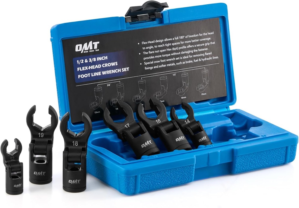 Orion Motor Tech Crows Foot Wrench Set, 6pc Flex Head Crows Foot Line Wrench Set with 1/2" & 3/8" Drive, Metric Crowfoot Wrenches for 12 14 16 17 18 19 mm Nuts with 180° Flexible Head Storage Case