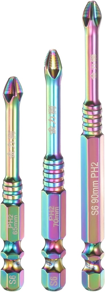 HARFINGTON 3pcs Impact Phillips Screwdriver Bit Set PH2 (#2) Anti Slip Teeth Tip 1/4" Hex Shank 2.6"/2.8"/3.5" (65mm/70mm/90mm) Long Magnetic Cross Screw Driver Drill Bits