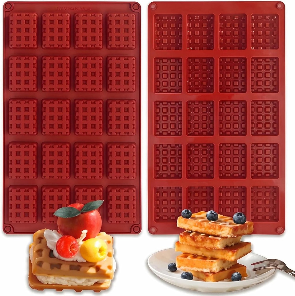 Silicone Waffle Mold Baking Pan, 20 Cavity Rectangle Grid Pattern, Brick Red, 2 Pack