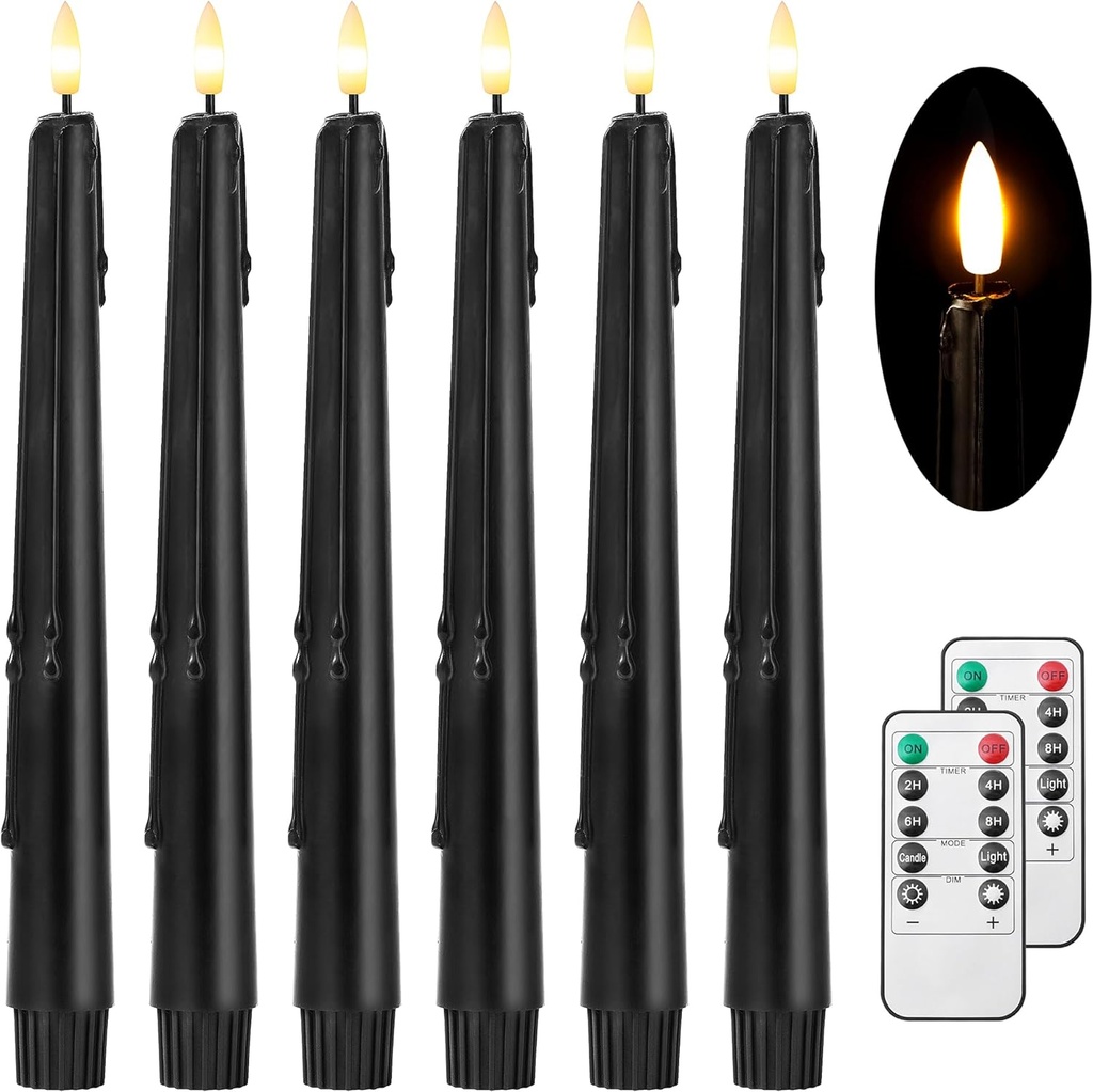Black Flameless Taper Candles with Remote and Timer - 9.65 Inch Real Wax LED Candlesticks - Wax Drip Battery Operated Halloween Taper Candles with 3D Flickering Flame Halloween Decor, 6 Pack