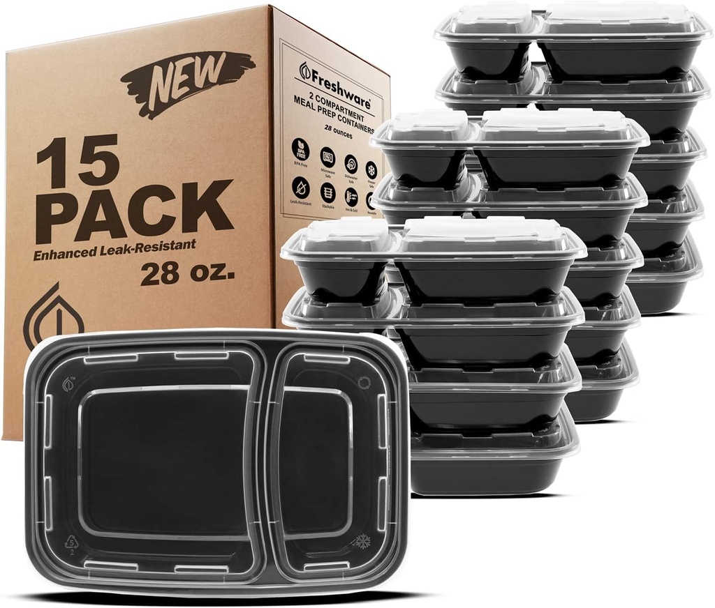 Freshware Meal Prep Containers [15 Pack] 2 Compartment with Lids, Food Storage Containers, Bento Box, BPA Free, Stackable, Microwave/Dishwasher/Freezer Safe (28 oz)