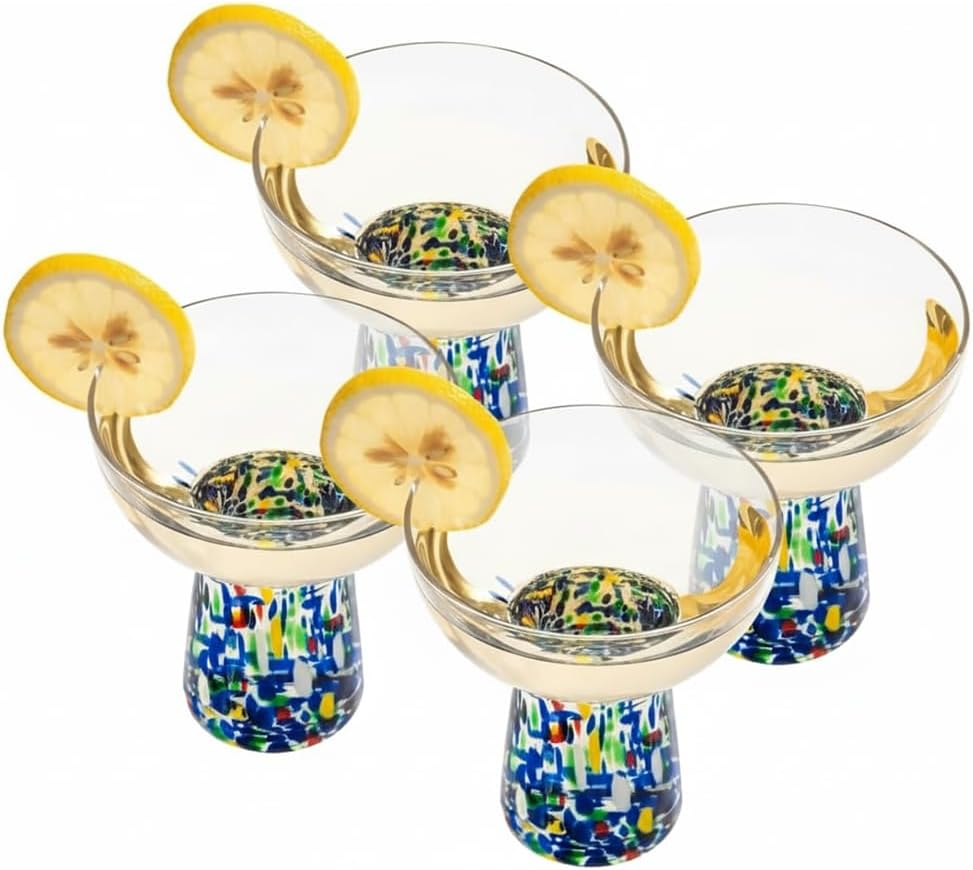 OVENTE Stemless Margarita Glasses Set of 4 with Hand Blow Mexican Confetti Design for Cinco de Mayo and Parties, 8oz Cocktail Glass for Frozen Mixed Drinks, Martini, Sangria and Paloma, Blue MGS44BL