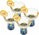 OVENTE Stemless Margarita Glasses Set of 4 with Hand Blow Mexican Confetti Design for Cinco de Mayo and Parties, 8oz Cocktail Glass for Frozen Mixed Drinks, Martini, Sangria and Paloma, Blue MGS44BL