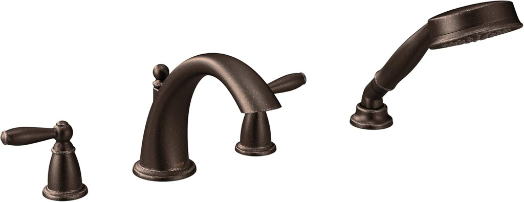 Moen Brantford Oil Rubbed Bronze Two-Handle Deck Mount Roman Tub Faucet Trim Kit with Single Function Handshower, Valve Required, T924ORB