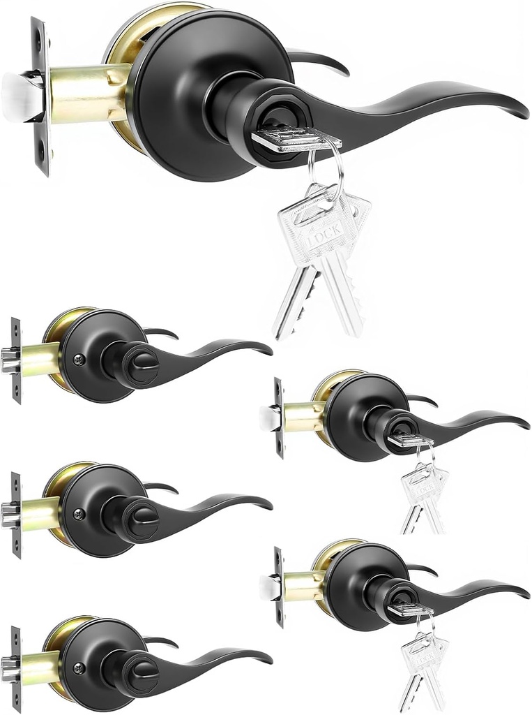 DPB 6Pcs Wave Interior Door Handle with Turn Lock, Matte Black Passage Door Lock, Heavy Bedroom and Bath Door Knobs for Right & Left Sided Doors (Lock and Key, Black, 6Pcs)