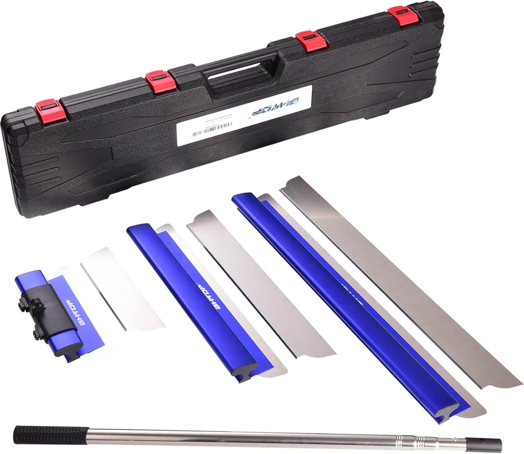 BHTOP Drywall Tools Skimming Blade with Extension Handle - 12", 20" & 32" Blades with 2 Pack 0.3 mm Blades, Construction Tools End Caps, Wall-Board with Outer Box in Blue