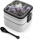 Lavender Flowers Bento Box Adult Lunch Box All-in-One Lunch Containers with Removable Compartments Double Layer Bento Lunch Box with Spoon And Handle Stackable Lunchbox