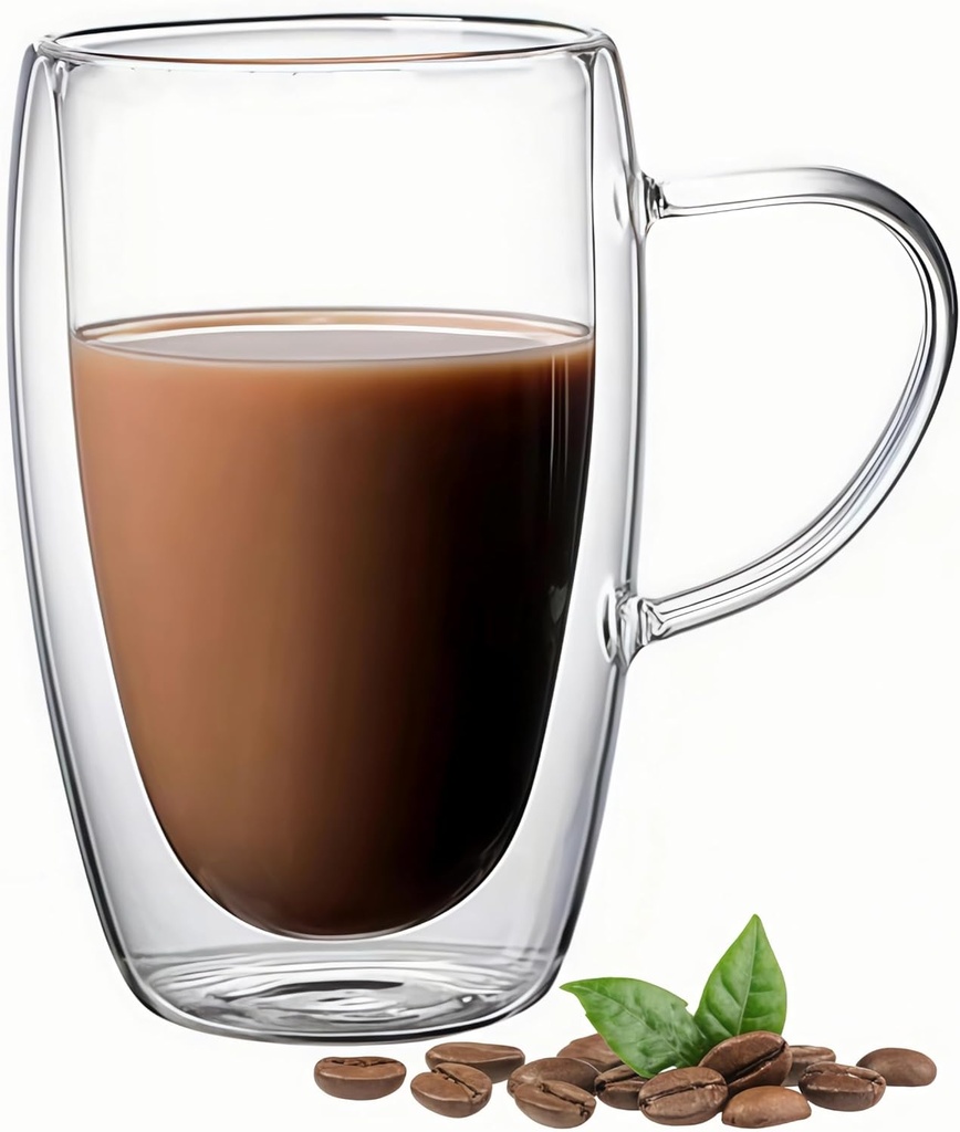 15 oz Double Walled Glass Coffee Mugs with Handles,Large Insulated Layer Coffee Cup,Clear Borosilicate Mugs for Cappuccino,Latte,Tea, Milk, Wine,Hot and Cold Beverage