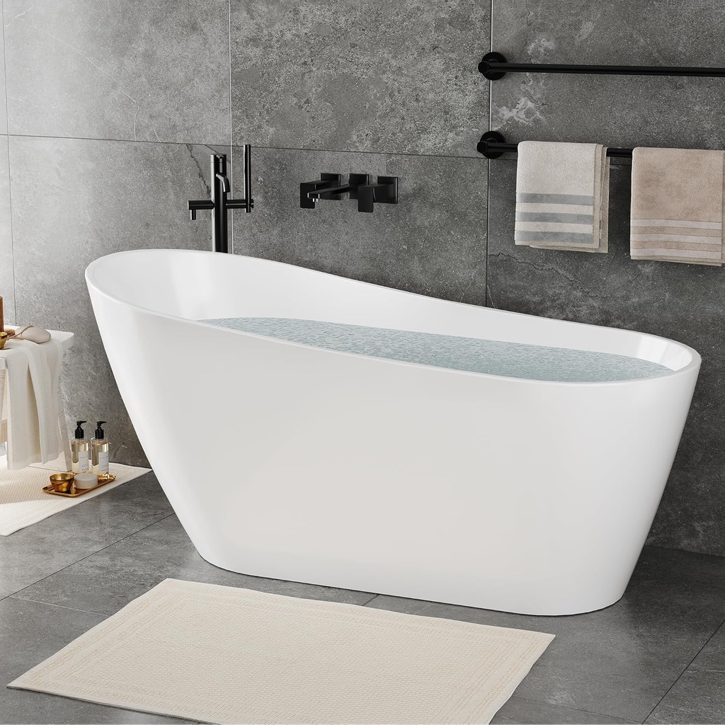 59 Inch Freestanding Acrylic Bathtub, Modern Soaking Tub with Chrome Overflow & Drain, CUPC Certified, Deep Soaking Design for Luxurious Spa Experience, Contemporary Bathroom Centerpiece