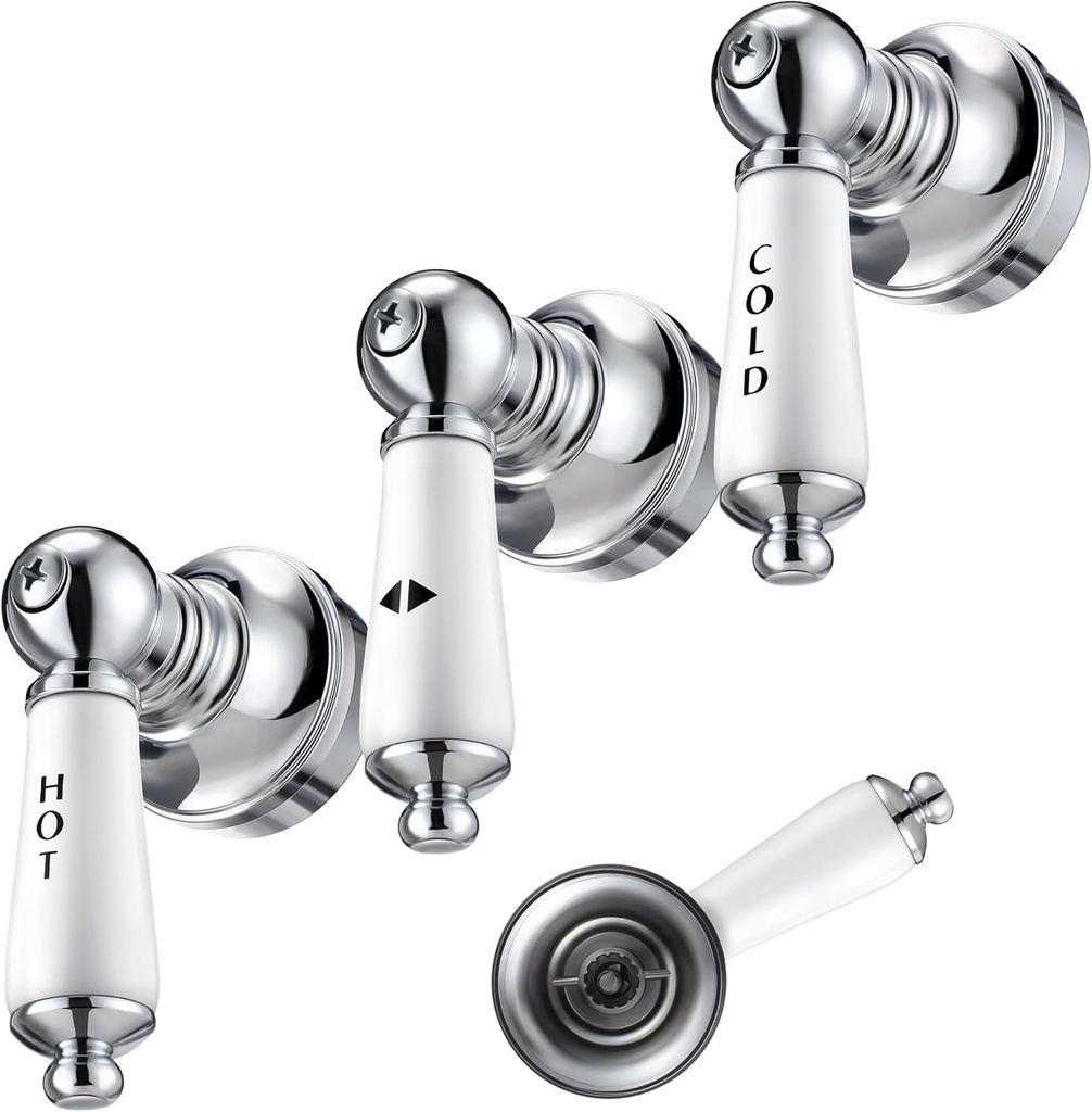 Enhon 3 Pcs Handle Set, Compatible with Price/Pfister Shower Valve, Hot Cold and Diverter Handle, Fits 12 Point Broach Stem, Chrome Finish White(Lever)