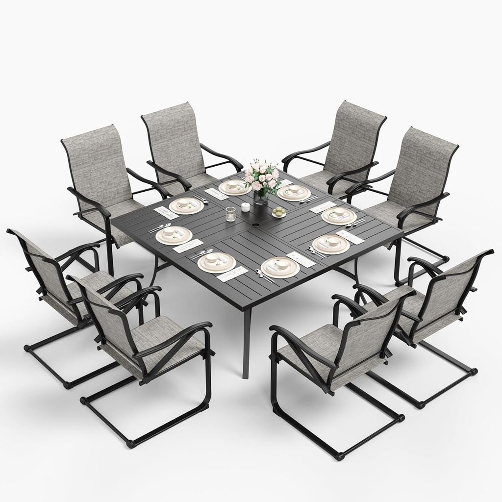 Sophia & William Patio Dining Set for 8 Large Square Patio Dining Table with C Spring Motion Patio Dining Chairs Textilene Patio Dining Set 9 Pieces Outdoor Table and Chairs for Lawn Garden