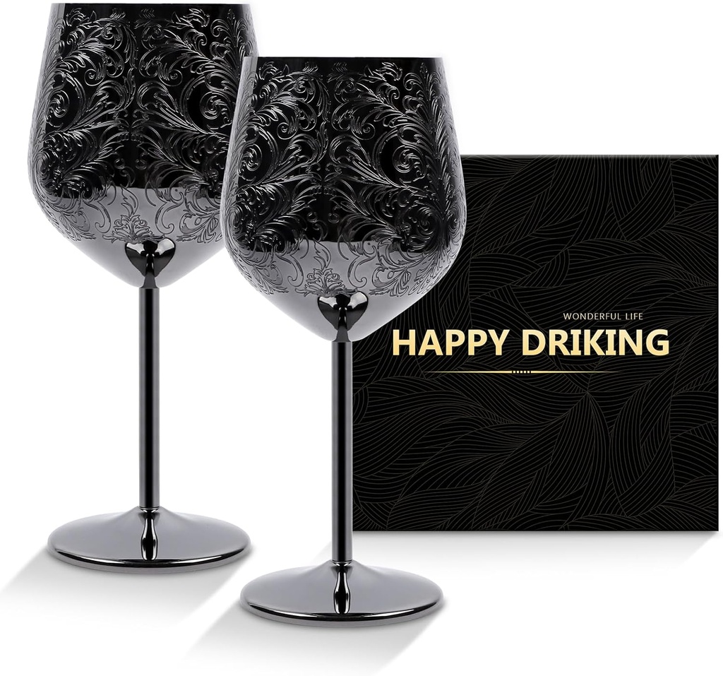 Stainless Steel Wine Glasses with Black Coating, Authentic Baroque Intricate Etched Carvings, 17 oz Goblets Set of 2, Royal Style Halloween Wine Glasses, Unique Anniversary Steel Gifts