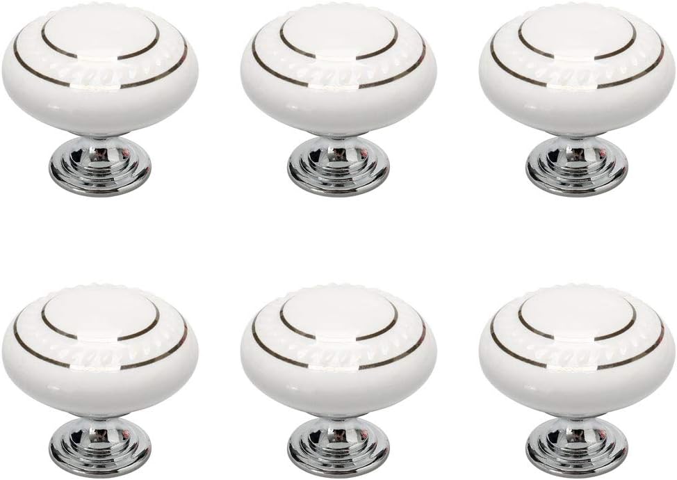 uxcell 6pcs Ceramic Knobs Vintage Knob Drawer Pull Handle Furniture Door Cabinet Cupboard Wardrobe Dresser Decorative Silver Circle White