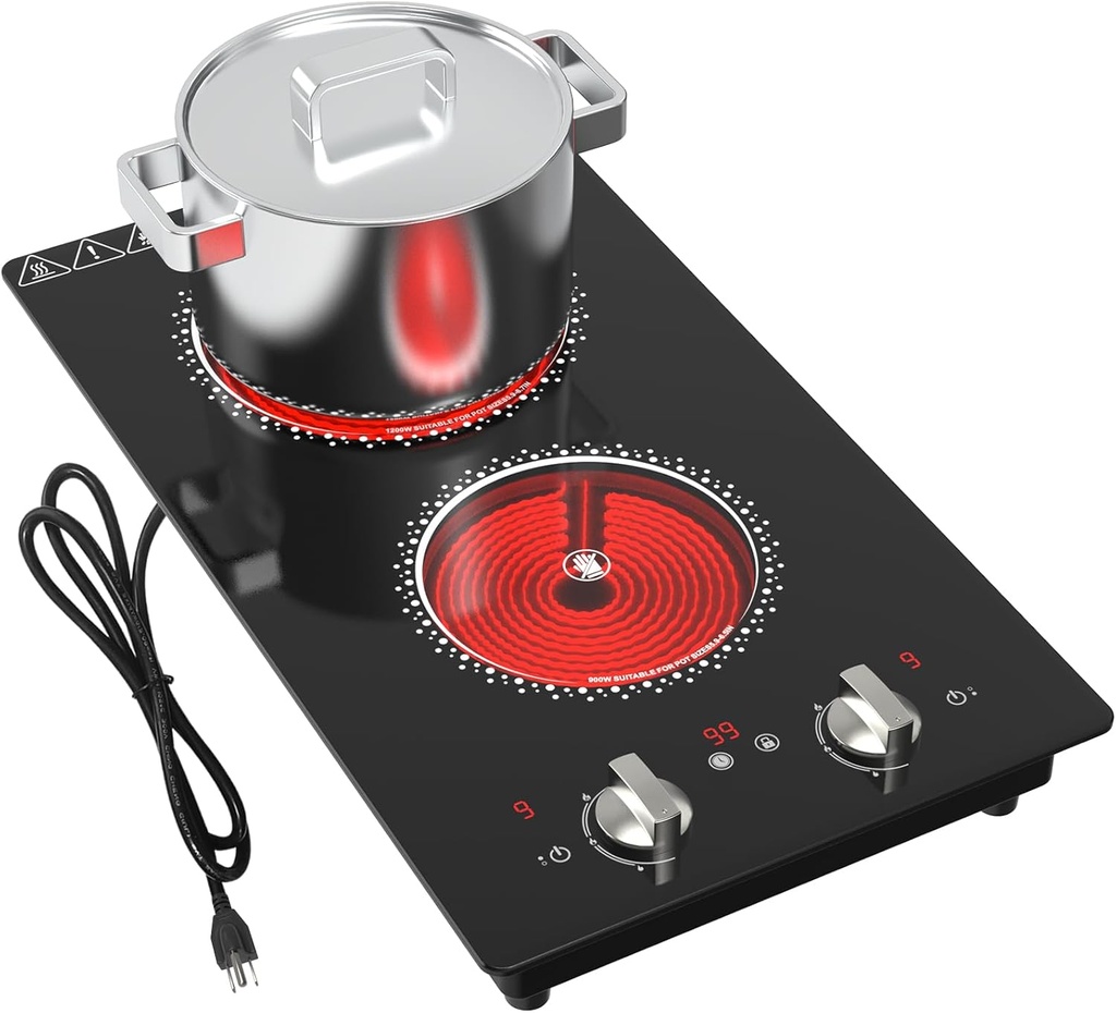 2 Burner Electric Cooktop - 12 Inch Electric Stove Top with Plug, 2100W Countertop Burners & Built-In Stove Top, 9 Levels of Power, Knob Control, Timer & Kid Safety Lock, Residual Heat Warning