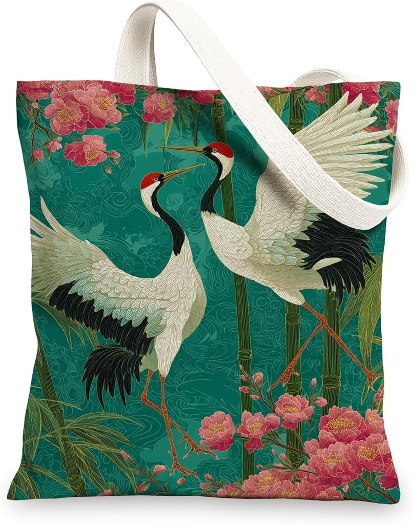 Cranes Canvas Tote Bags, Elegant Asian Style Floral Pattern Reusable Shopping Bags, Lightweight Washable Eco-Friendly Shoul
