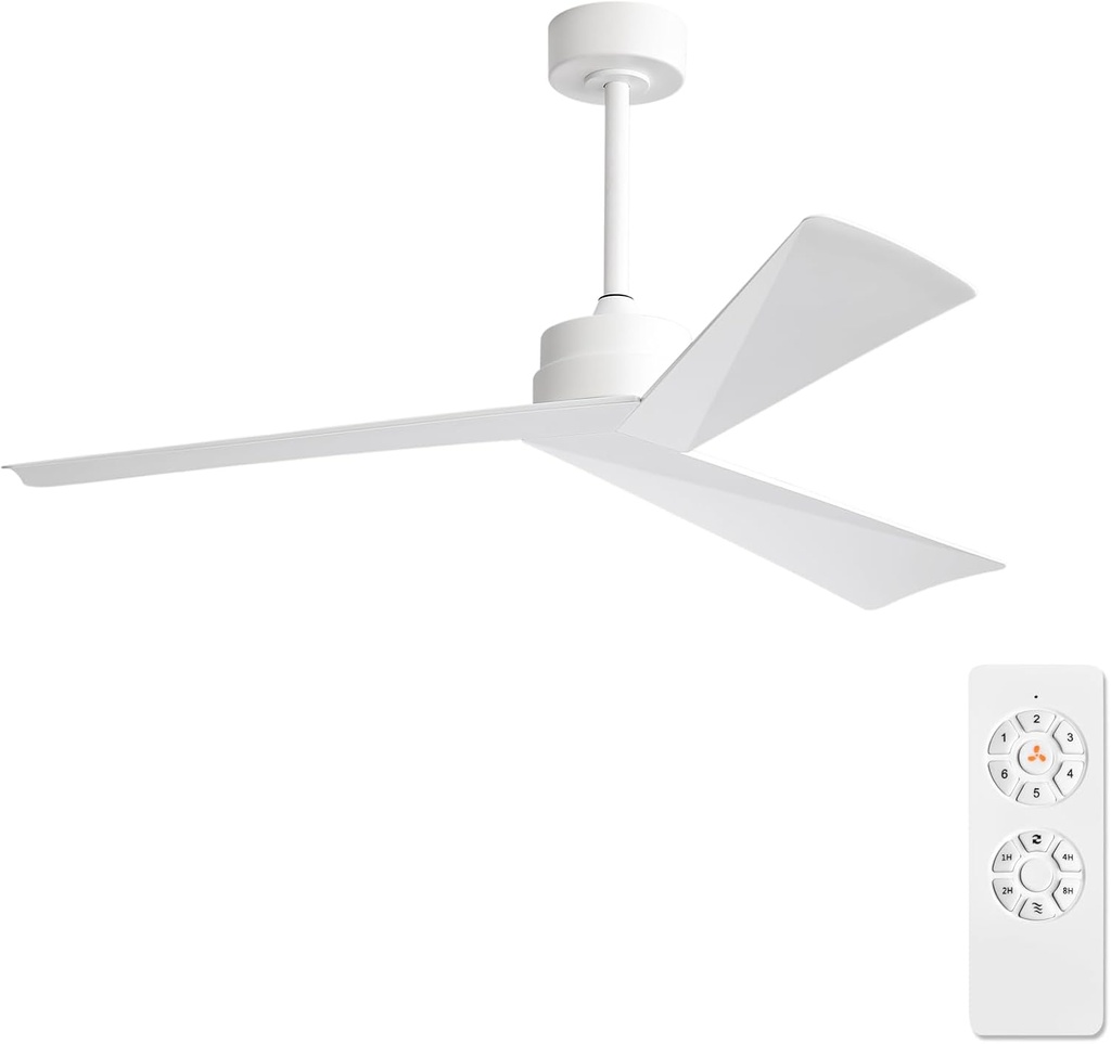 WINGBO 52" DC Ceiling Fan without Lights, White Ceiling Fan with Remote, 3 ABS Plastic Blades, 6 Speed Reversible DC Motor, Ceiling Fans No Light for Kitchen Bedroom Living Room