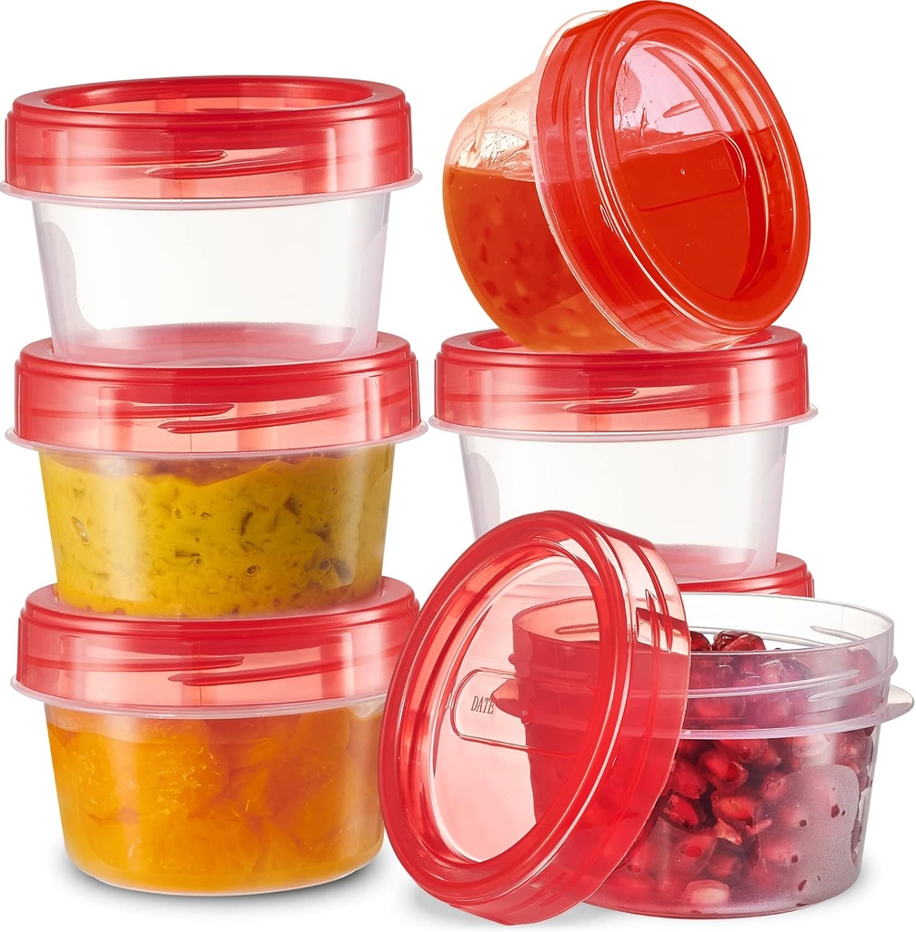 PLASTICPRO 6 Pack Twist Cap Food Storage Containers with Red Screw on Lid- 4 oz Reusable Meal Prep Containers - Small Freezer Containers Microwave Safe Red Plastic Food Storage