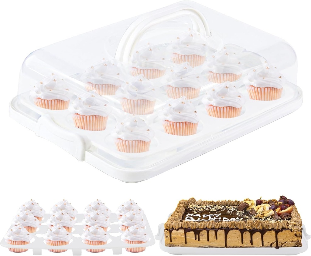 Cake Carrier with Lid, Cake Holder Cupcake Container for 12 Cupcakes 2 in 1 Portable Dessert Container for Pie Muffin Cobbler (White)