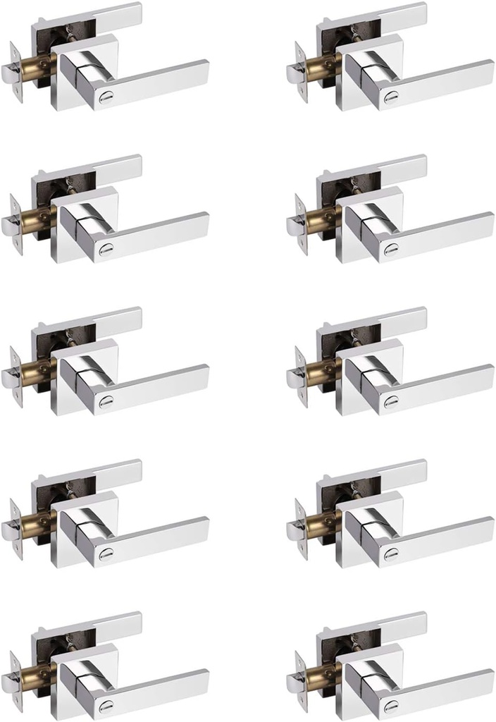Probrico 10 Pack Commercial Heavy Duty Privacy Door Levers, Flat Style Door Handle Set for Bed and Bath, Left or Right Handing Leverset Lockset, Polished Chrome Finish