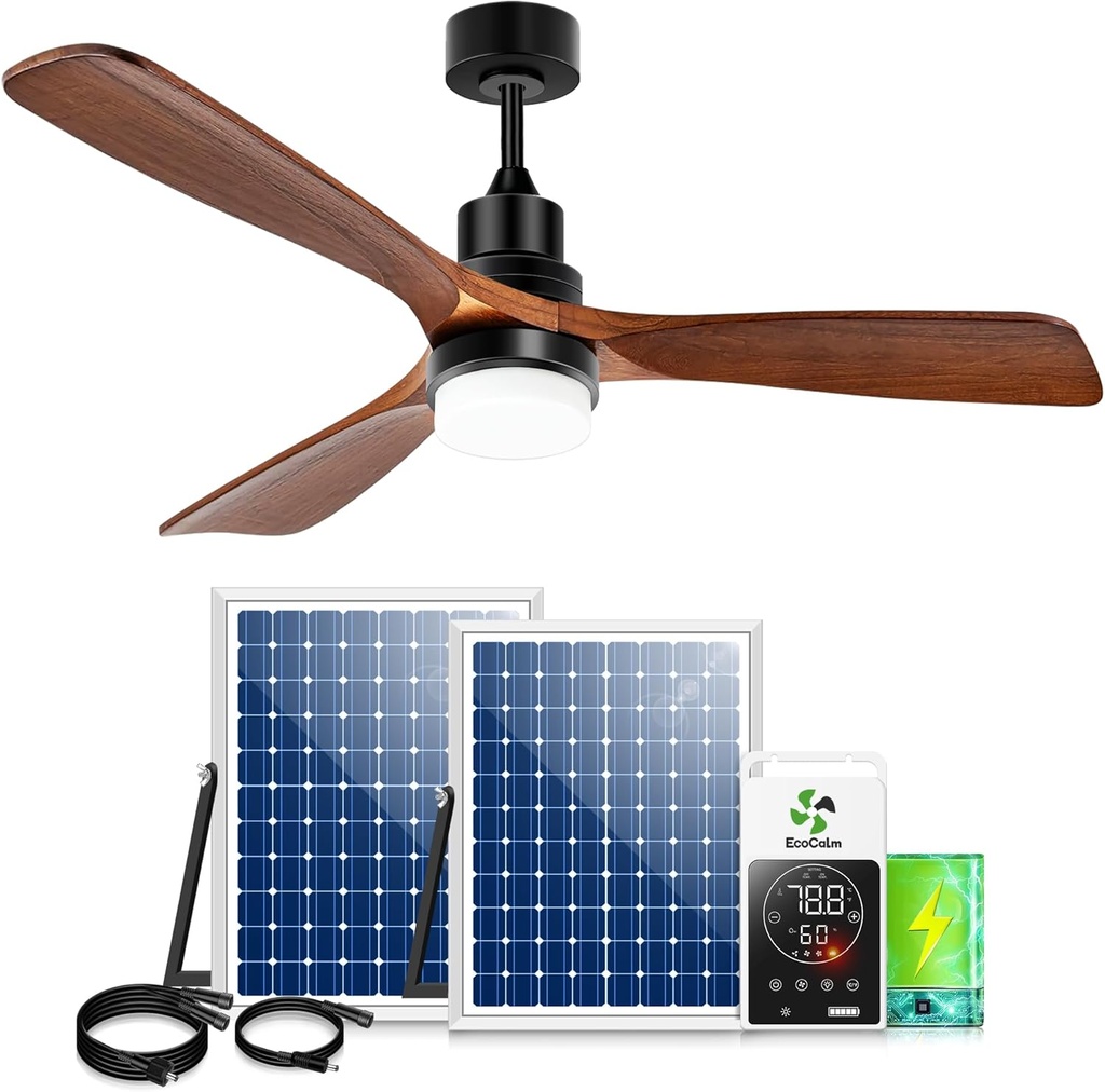 52" Solar Ceiling Fans for Outside 3 Speeds, Outdoor Ceiling Fan with Light & Battery, Quiet Wood Walnut Fan with Adjustable Thermostat for Gazebo, Patios
