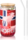 Norge Norway Flag 16 Oz Drinking Glasses With Bamboo Lids,Glass Straw And Cleaning Brushes Glass Tea Cup For Iced Coffee,Smoothie,Cocktail,Beer,Whiskey,Soda,Matcha