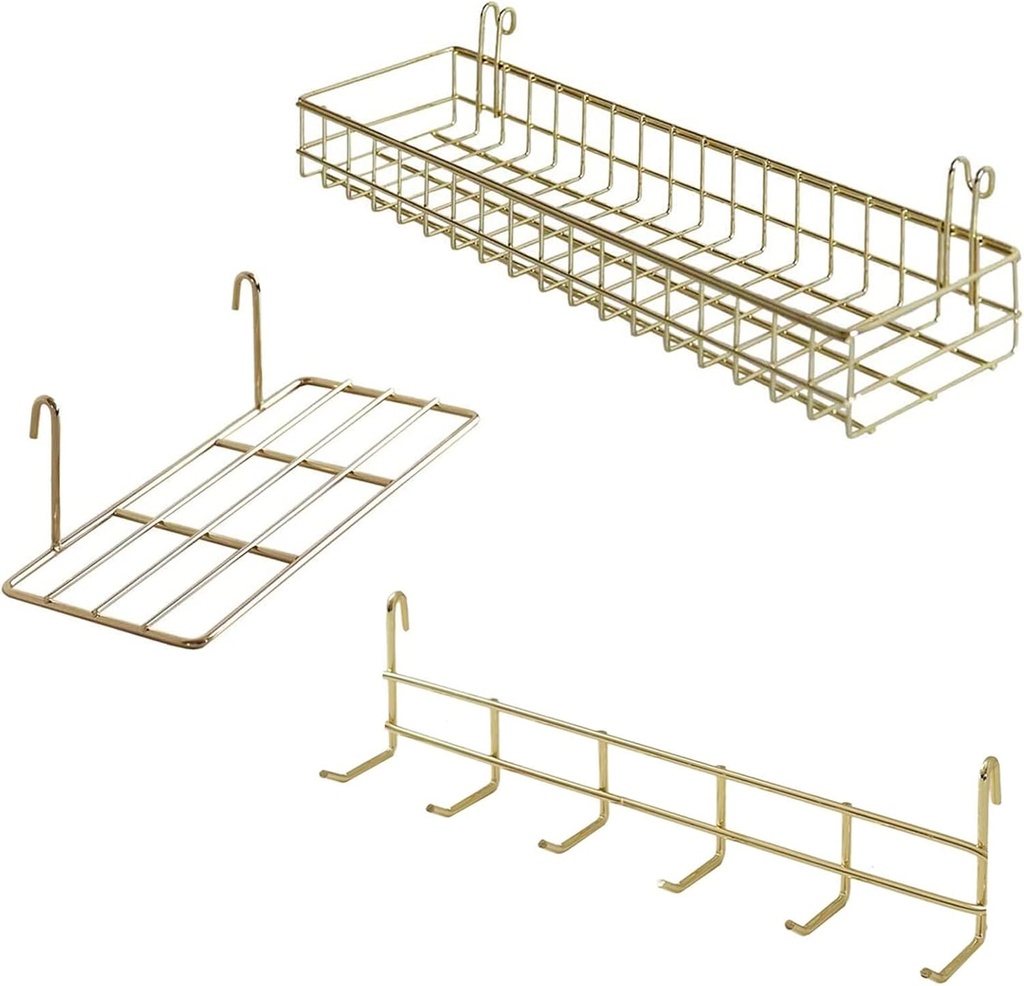 Grid Wall Shelves Basket with Hooks,Bookshelf,Display Shelf for Wall Grid Panel,Wall Mount Organizer and Storage Shelf Rack for Office (Gold)