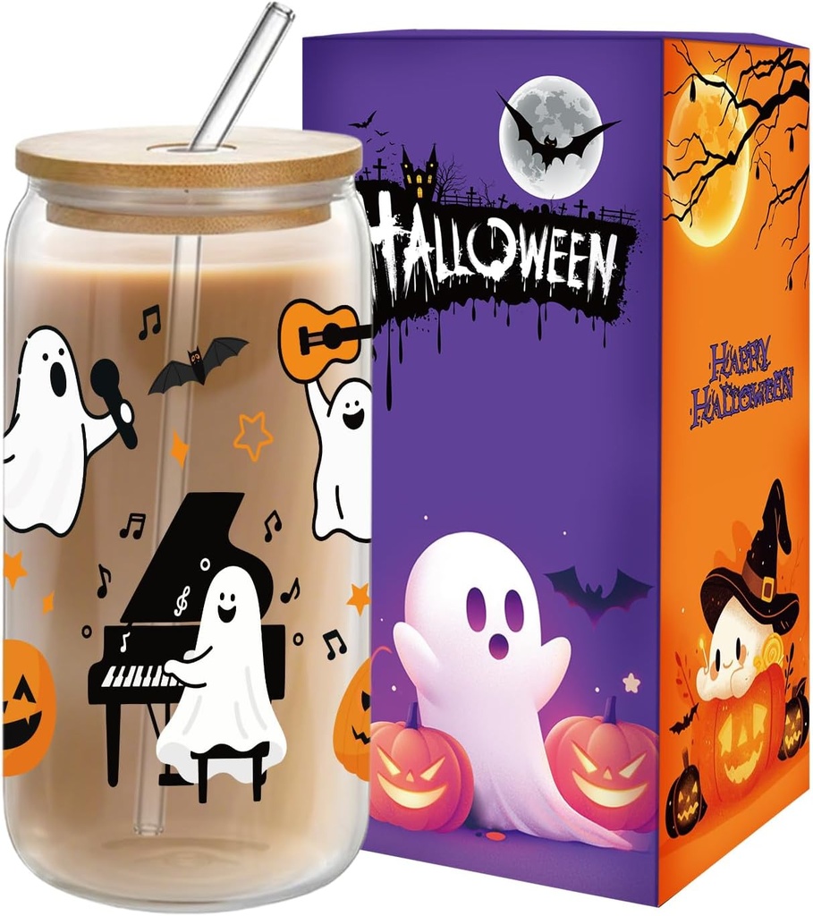 Halloween Glass Cups 16 oz with Lid & Straw- Spooky & Cute Ghost Bat Pumpkin Tumbler Glass Halloween Tumbler, Fall Iced Coffee Cup, for Women Teens (Musical Ghosts)