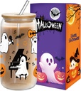 Halloween Glass Cups 16 oz with Lid & Straw- Spooky & Cute Ghost Bat Pumpkin Tumbler Glass Halloween Tumbler, Fall Iced Coffee Cup, for Women Teens (Musical Ghosts)