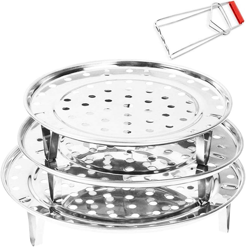 Round Stainless Steel Steamer Rack 7.6" 8.5" 9.33" Inch Steaming Rack Stand Canner Canning Racks Steamer Stock Pot Steaming Tray Pressure Cooker Cooking Toast Bread Salad (3 Pack with Clip)