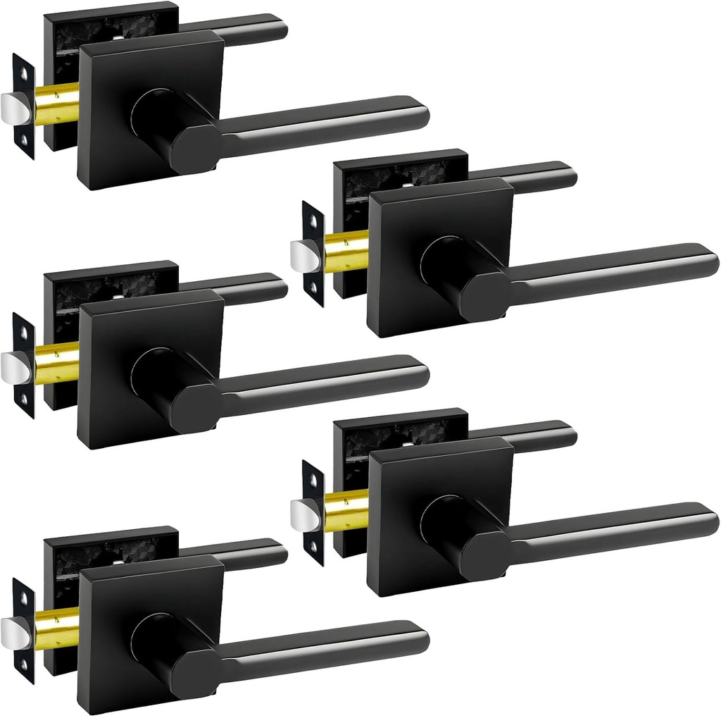 KAMOTA Passage Door Levers, 5 Pack Black Heavy-Duty Interior Door Handles, Square Non-Locking Door Locksets for Closets, Hallways and Conference Rooms, Left and Right Hand Reversible