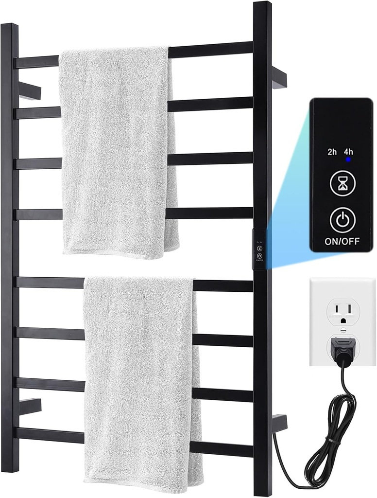 Towel Warmer Heated Towel Bar-Rack - Nopwer Bathroom Wall Mounted Electric Towel Drying Plug-in Matte Black 8 Bars