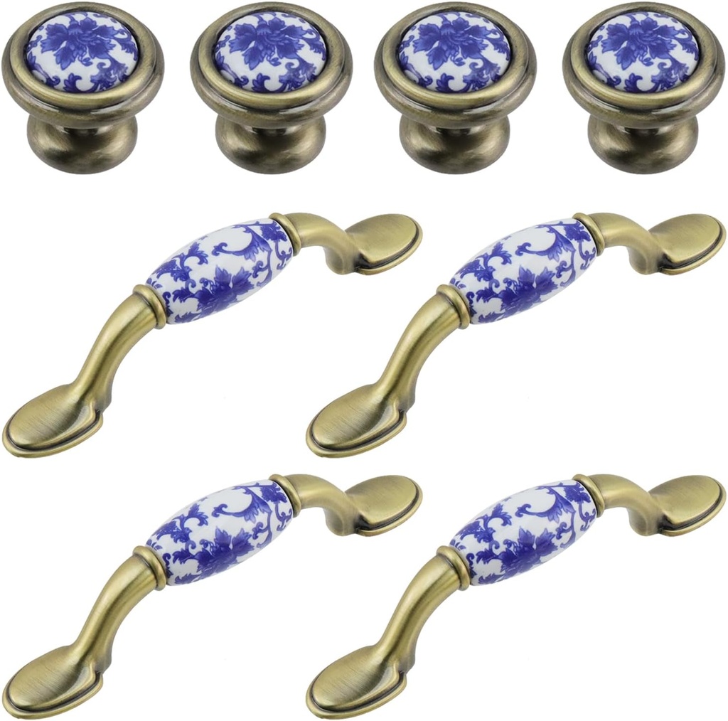 T Tulead Ceramic and Zinc Alloy Cabinet Pulls Knobs Blue and White Porcelain Handle Pull Single Hole Furniture Knobs, Drawer Pull 3-Inch Hole Centers, 4 Sets with Screws