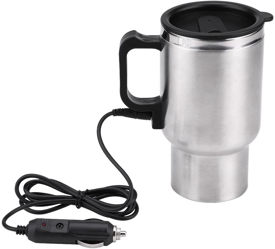 12V Electric Travel Coffee Mug 450ml Stainless Steel Car Heating Cup with LeakProof Lid and Indicator Light