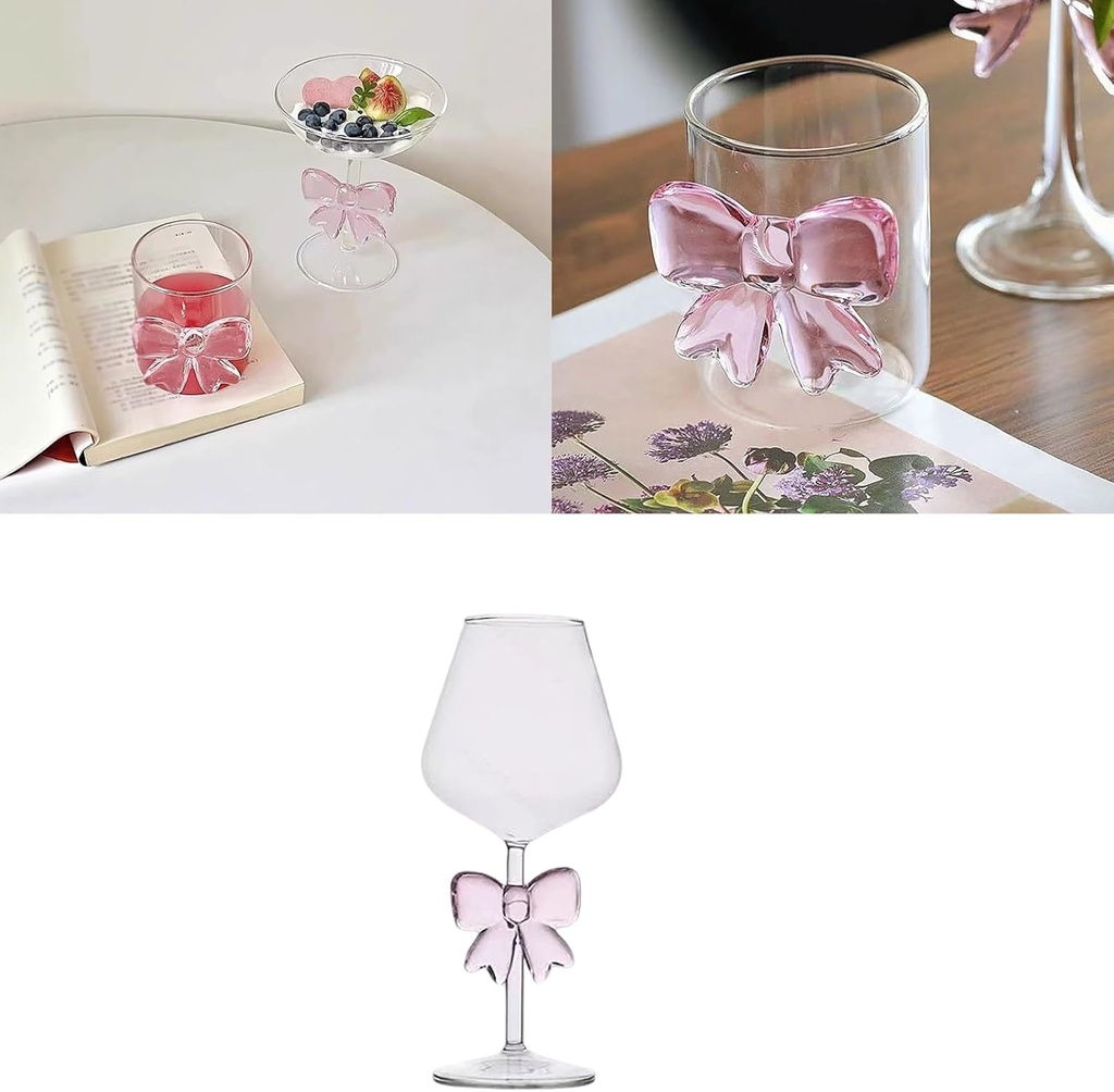 Clear Glass Cups with 3D Pink Bow, Hot and Cold, Transparent Glass Ice Coffee Cup, Cup for Juice Beer Tea Water, Cocktail Glasses, Ideal Gifts for Women, Suitable for Wedding Party Home (C)