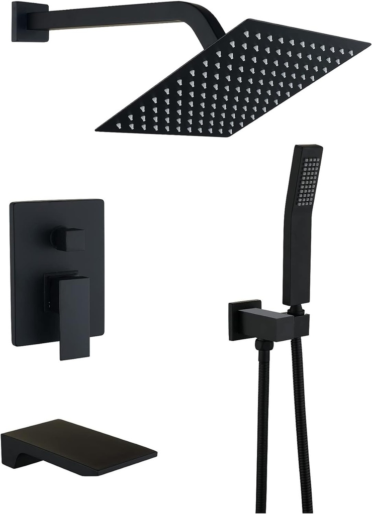 Bathtub Shower System Matte Black Shower and Tub Faucet set with 10 inch Rian Shower Head and Handheld Spray Mix Shower Combo,including Rough-in valve and Shower Trim Kit