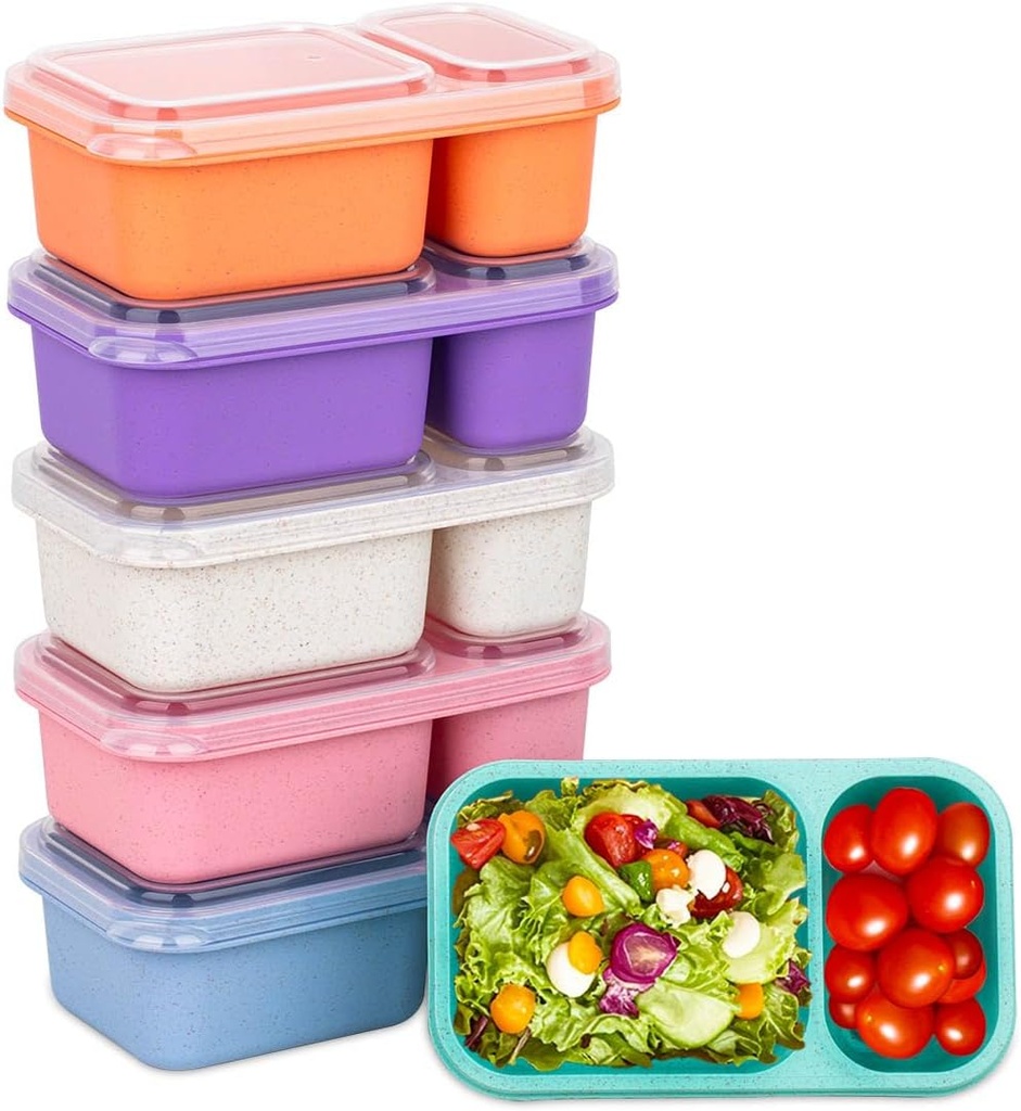 2-Compartment Reusable Snack Containers with Lids, Wheat Straw Reusable Snack Packs for Meal Prep Food Storage on-the-go snacking(6Pack)