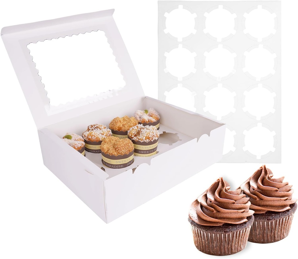 10 Pcs White Cupcake Boxes 12 Count, Individual Cupcake Containers Holder with Lids, Clear Cupcakes Dessert Boxes for Baked Goods, Cake Carrier for Muffins Treats Pastries Bakery Supplies