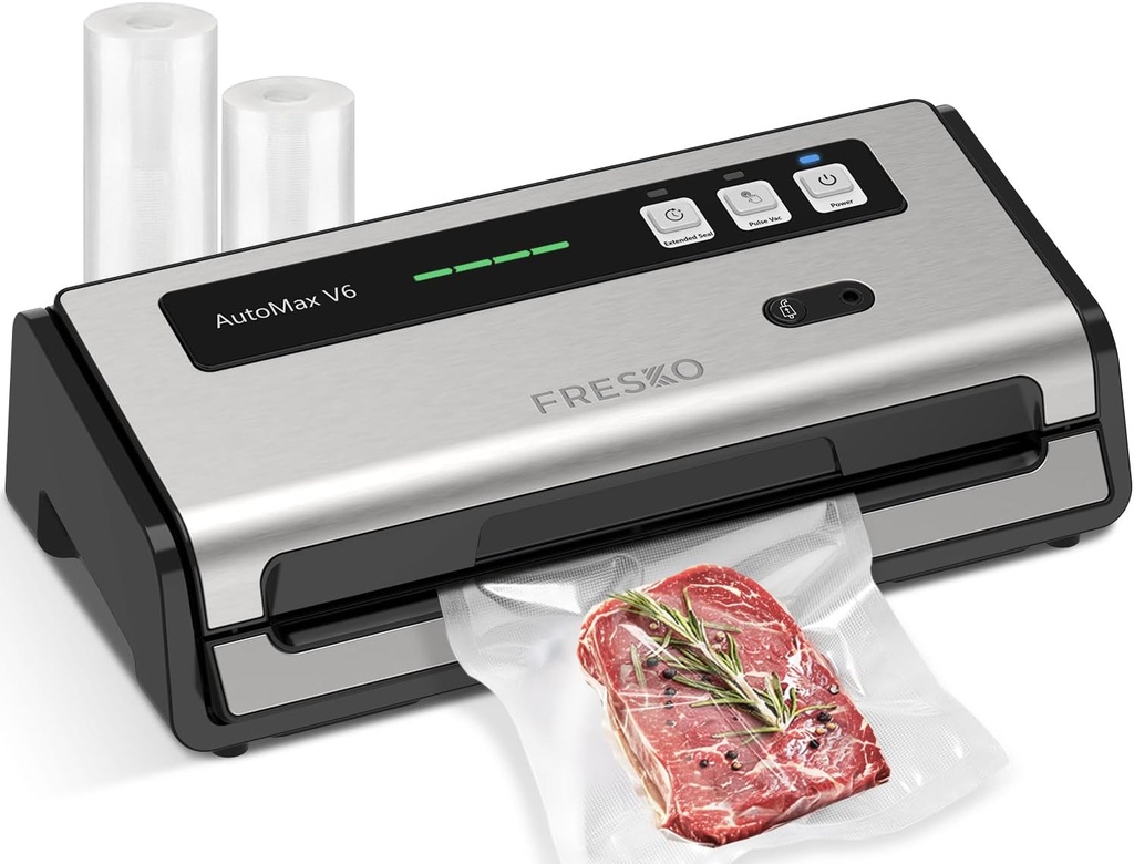 FRESKO Food Vacuum Sealer with Automatic Bag Detection, Double Heat Seal, Built-in Bag Roll Storage & Cutter, 2 Rolls Bags, Starter Kit