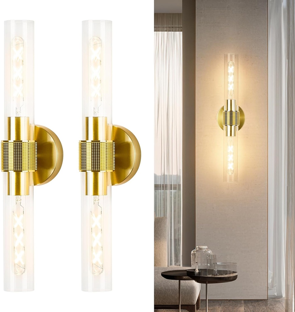 OKELI Wall Sconces Set of Two, 20.3" Black and Gold Bathroom Sconces Lighting with Clear Glass, Hardwired Modern Sconces Wall Decor Set of 2 Light fixtures(Gold, Without Ring)