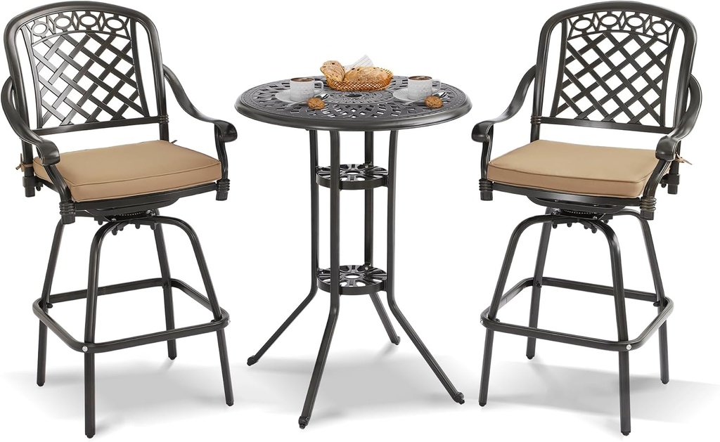 3-Piece Cast Aluminum Patio Bar Set, Outdoor Round High Top Table & 2 Swivel Bar Chairs with Cushions, All-Weather Bistro Table and Chairs Set for Patio, Lawn & Garden (1 Table +2 Swivel Chairs)