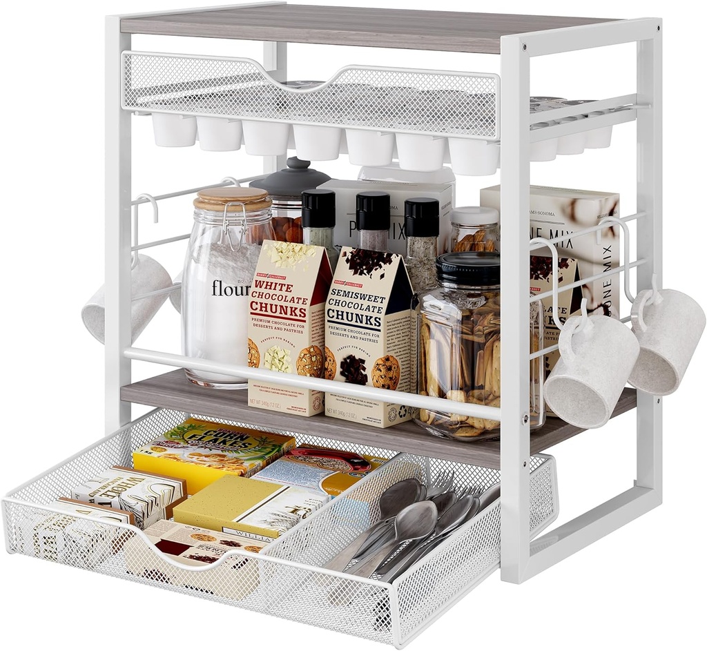 TQVAI Coffee Bar Organizer for Countertop 3-Tier 70 Capsules Coffee Station Organizer with Sliding K Cup Drawer & 4 Coffee Cup Hooks for Coffee Bar Accessories, White