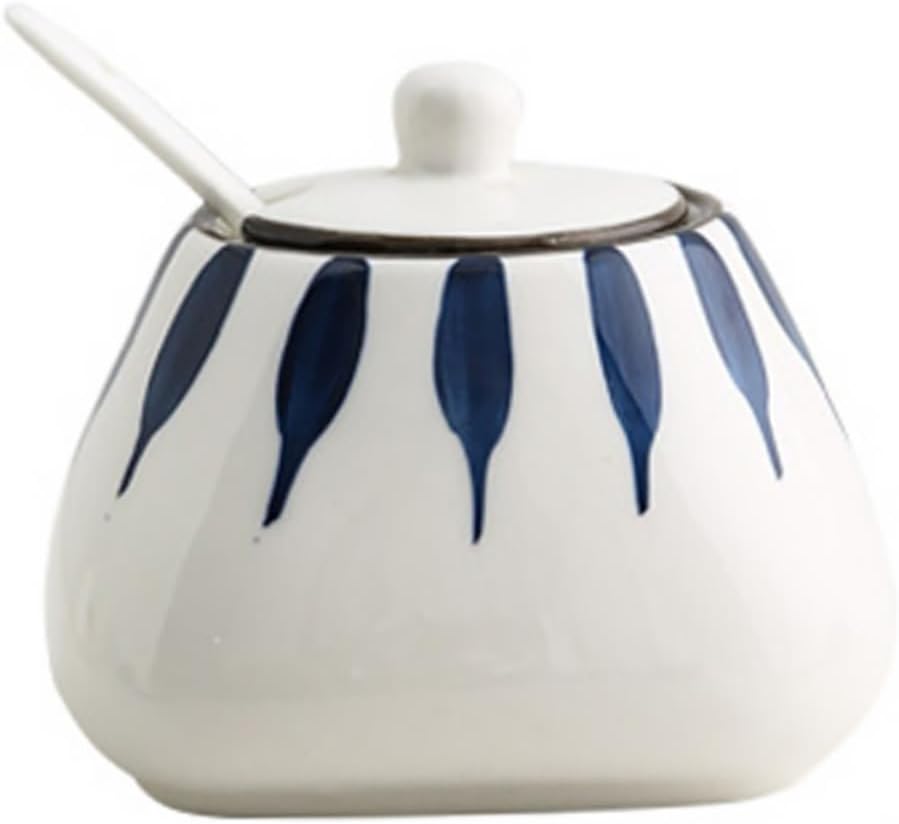 Garneck Ceramic Spice Jar with Lid and Spoon 350ml Japanese Seasoning Container for Kitchen Storage White Porcelain Salt Box for Condiments