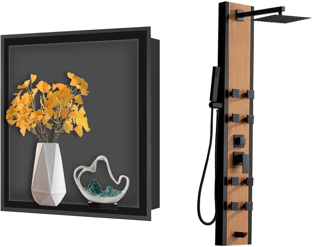 BWE Stainless Steel Shower Panel Tower System 8 Jets Multi-Function Shower Panel System Bundle with 12" X 14" Stainless Steel Shower Niche,Rimless Recessed Wall Niche for Bathroom