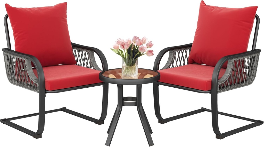 YITAHOME 3-Piece Outdoor Patio Bistro Set, All-Weather Rattan Conversation Chairs, Wicker Furniture C Spring Motion Chairs for Backyard, Balcony and Deck with Soft Cushions, Glass Side Table, Red